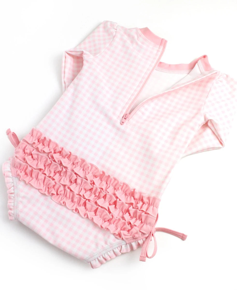 Pink Gingham LS One PC Rashguard