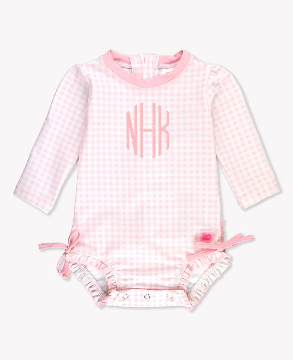 Pink Gingham LS One PC Rashguard