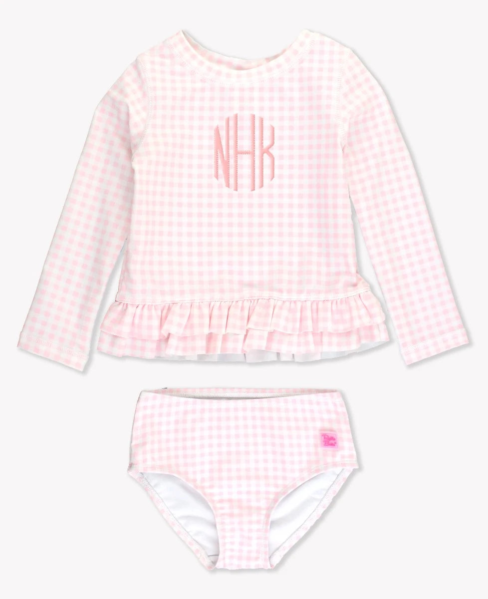 Pink Gingham Ruffle Hem Rash Guard 2PC