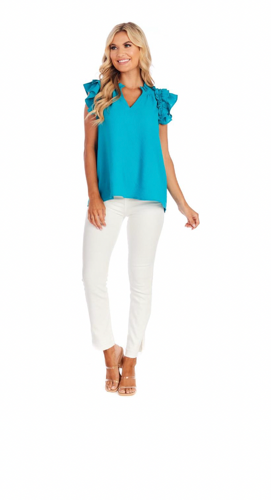 Teal Dahlia Ruffle Top