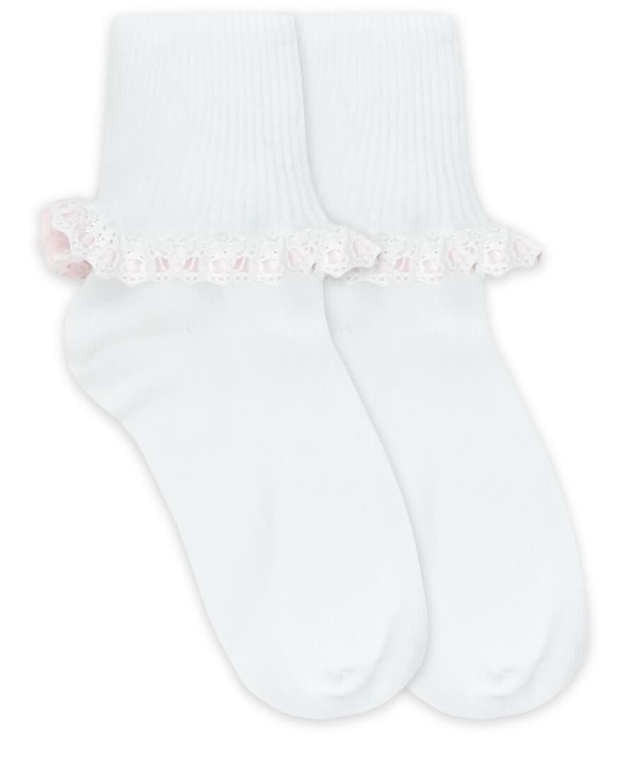 WHT/PK Cluny & Satin Lace Turn Cuff Socks