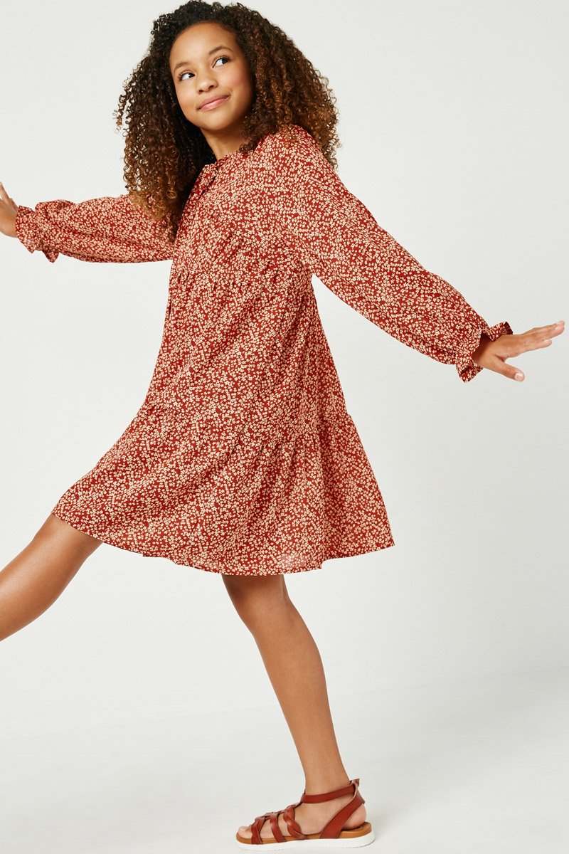 Rust Ditsy Floral Tie Neck Long Sleeve Dress FINAL SALE