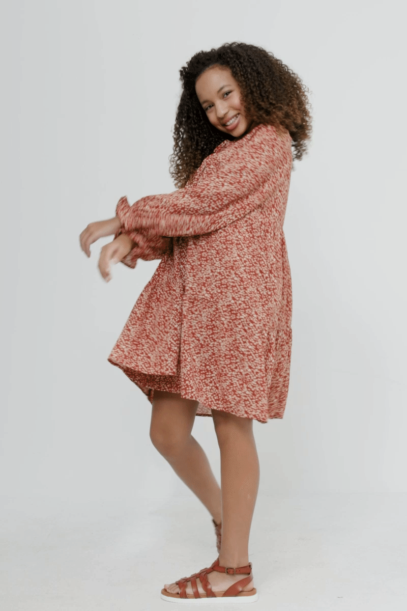 Rust Ditsy Floral Tie Neck Long Sleeve Dress FINAL SALE