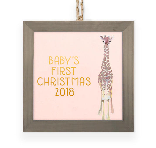 Pink Holiday Baby Giraffe Wooden Framed Ornament