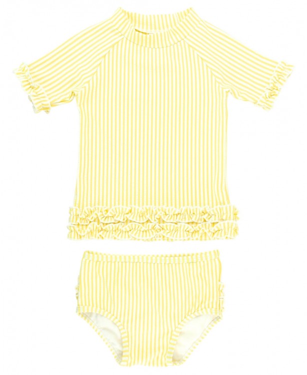 Banana Yellow Seersucker Ruffled Rash Guard Bikini