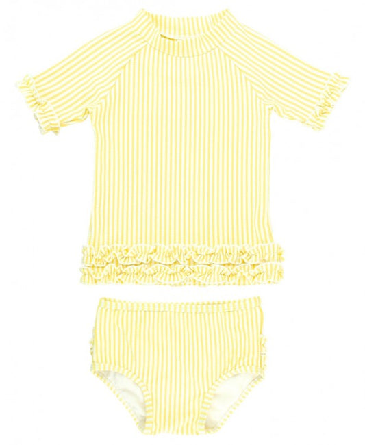Banana Yellow Seersucker Ruffled Rash Guard Bikini