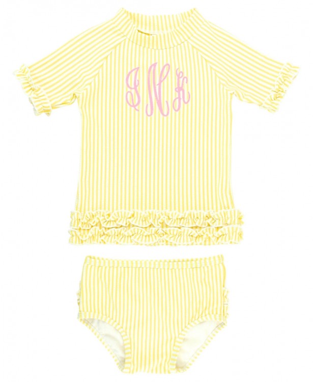 Banana Yellow Seersucker Ruffled Rash Guard Bikini
