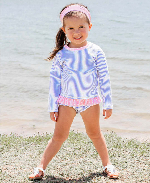 Periwinkle Blue Seersucker Long Sleeve Rash Guard Bikini
